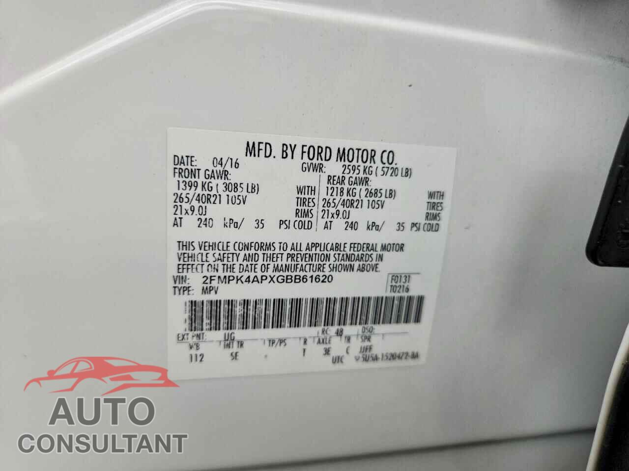 FORD EDGE 2016 - 2FMPK4APXGBB61620