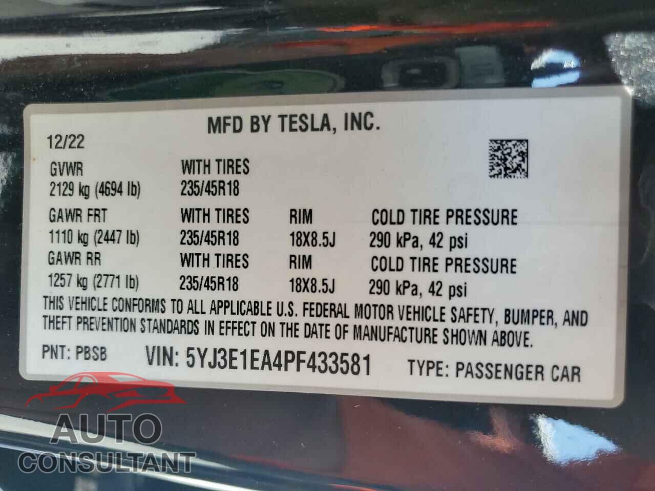 TESLA MODEL 3 2023 - 5YJ3E1EA4PF433581