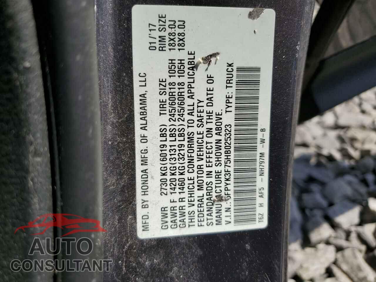 HONDA RIDGELINE 2017 - 5FPYK3F75HB025323