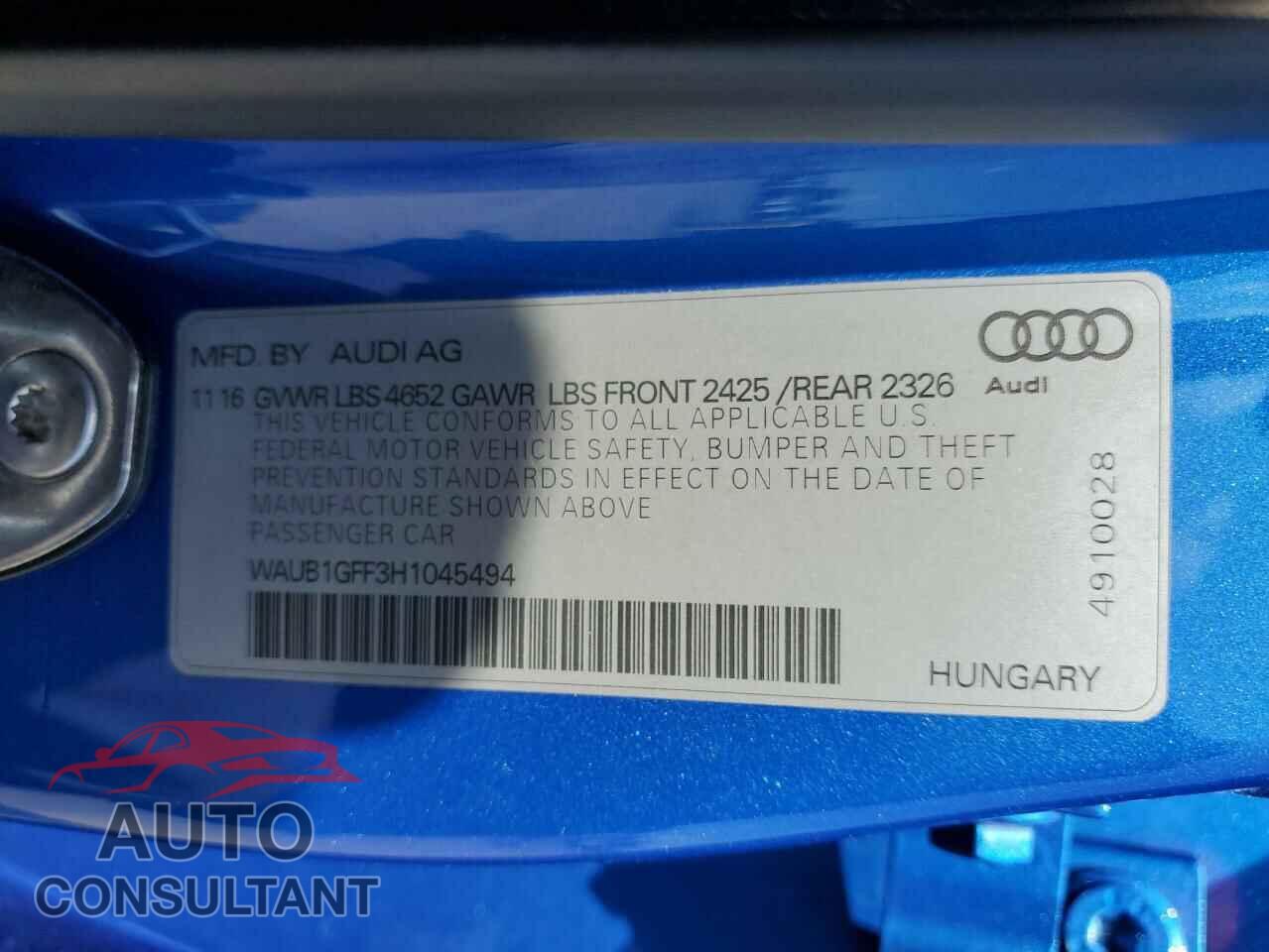 AUDI S3 2017 - WAUB1GFF3H1045494