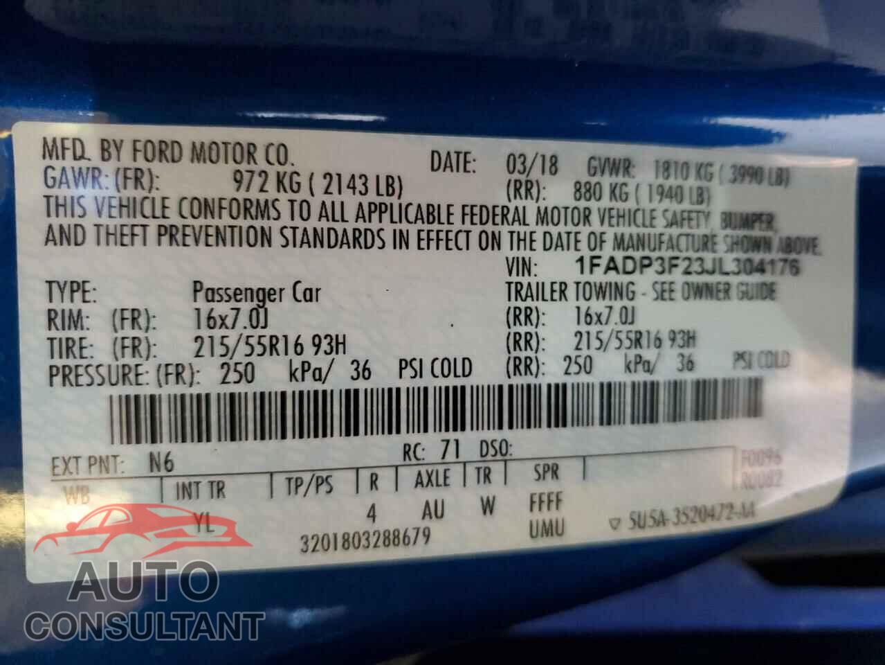 FORD FOCUS 2018 - 1FADP3F23JL304176
