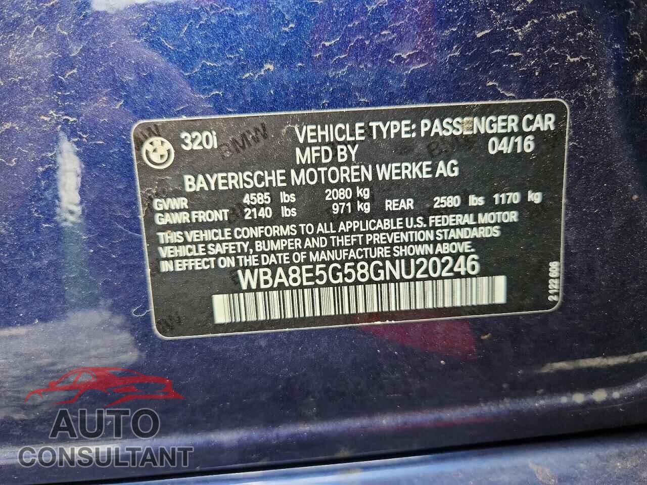BMW 3 SERIES 2016 - WBA8E5G58GNU20246