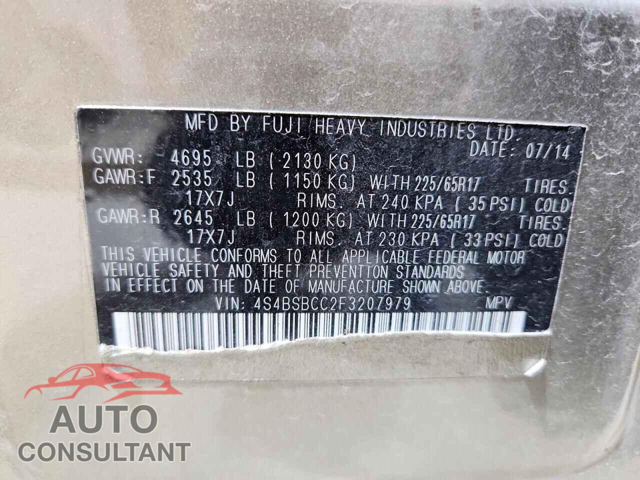 SUBARU OUTBACK 2015 - 4S4BSBCC2F3207979
