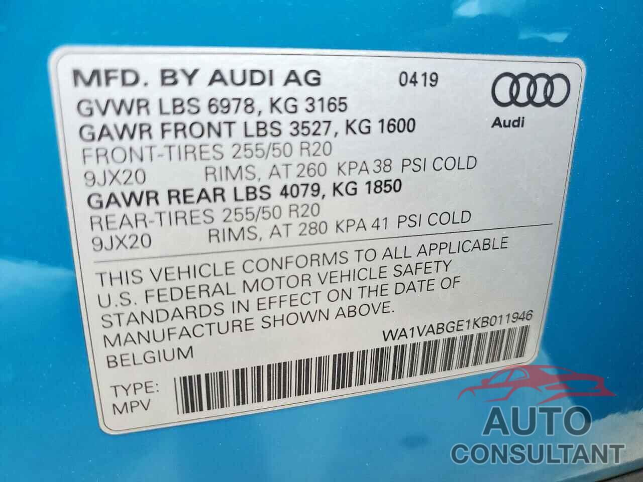 AUDI E-TRON 2019 - WA1VABGE1KB011946