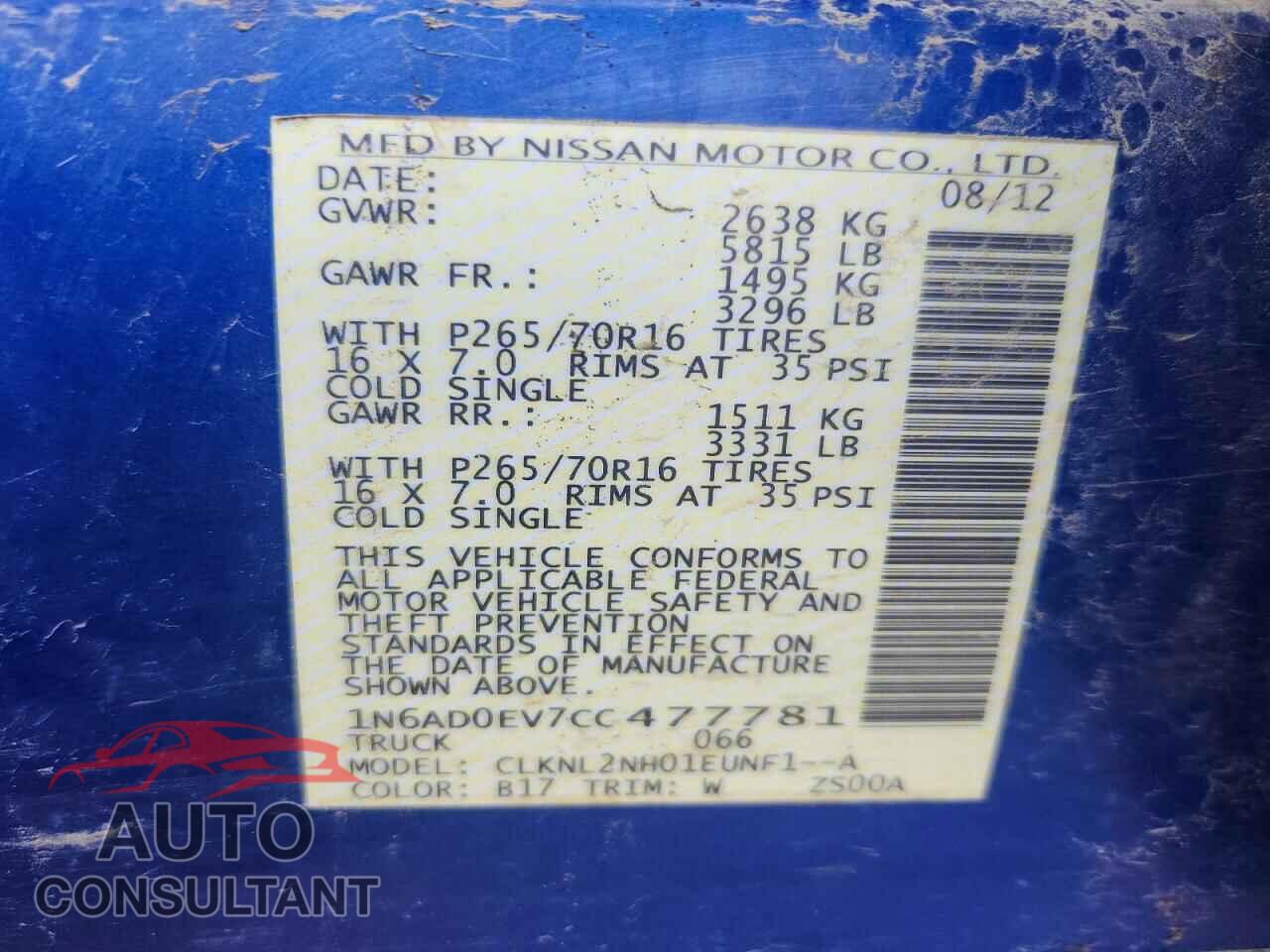 NISSAN FRONTIER 2012 - 1N6AD0EV7CC477781