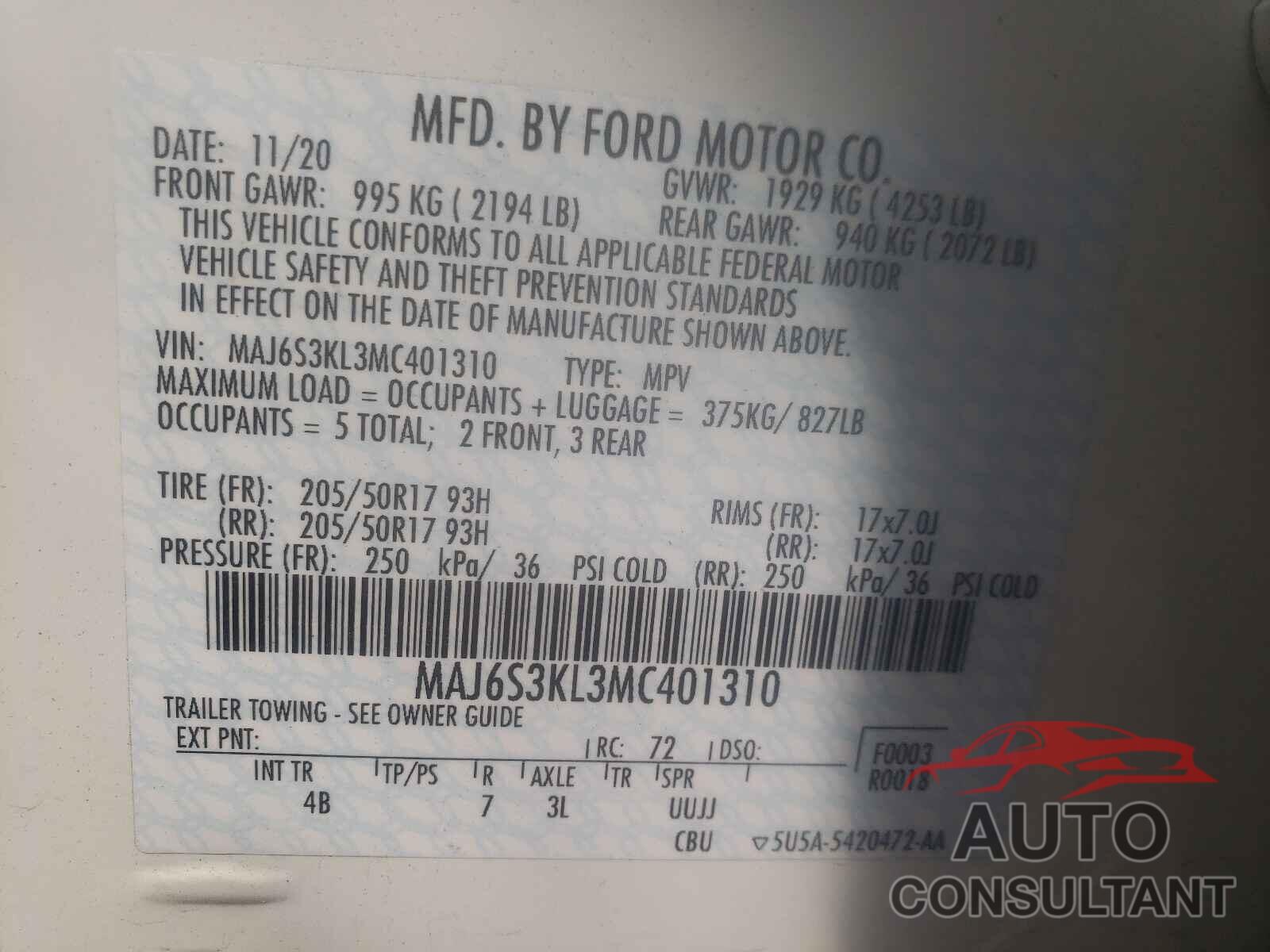 FORD ALL OTHER 2021 - MAJ6S3KL3MC401310