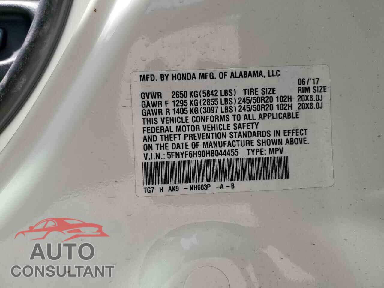 HONDA PILOT 2017 - 5FNYF6H90HB044455