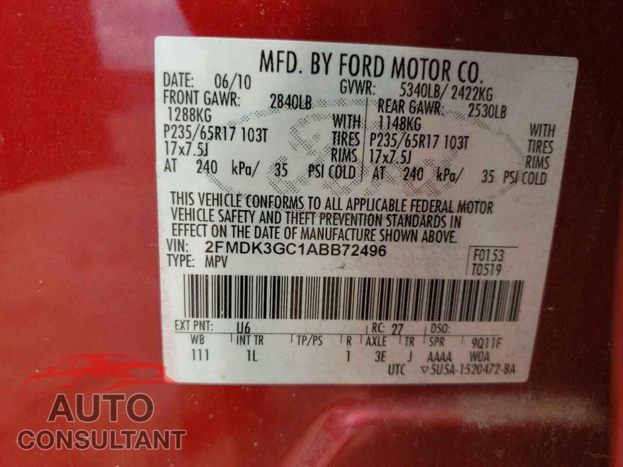 FORD EDGE 2010 - 2FMDK3GC1ABB72496