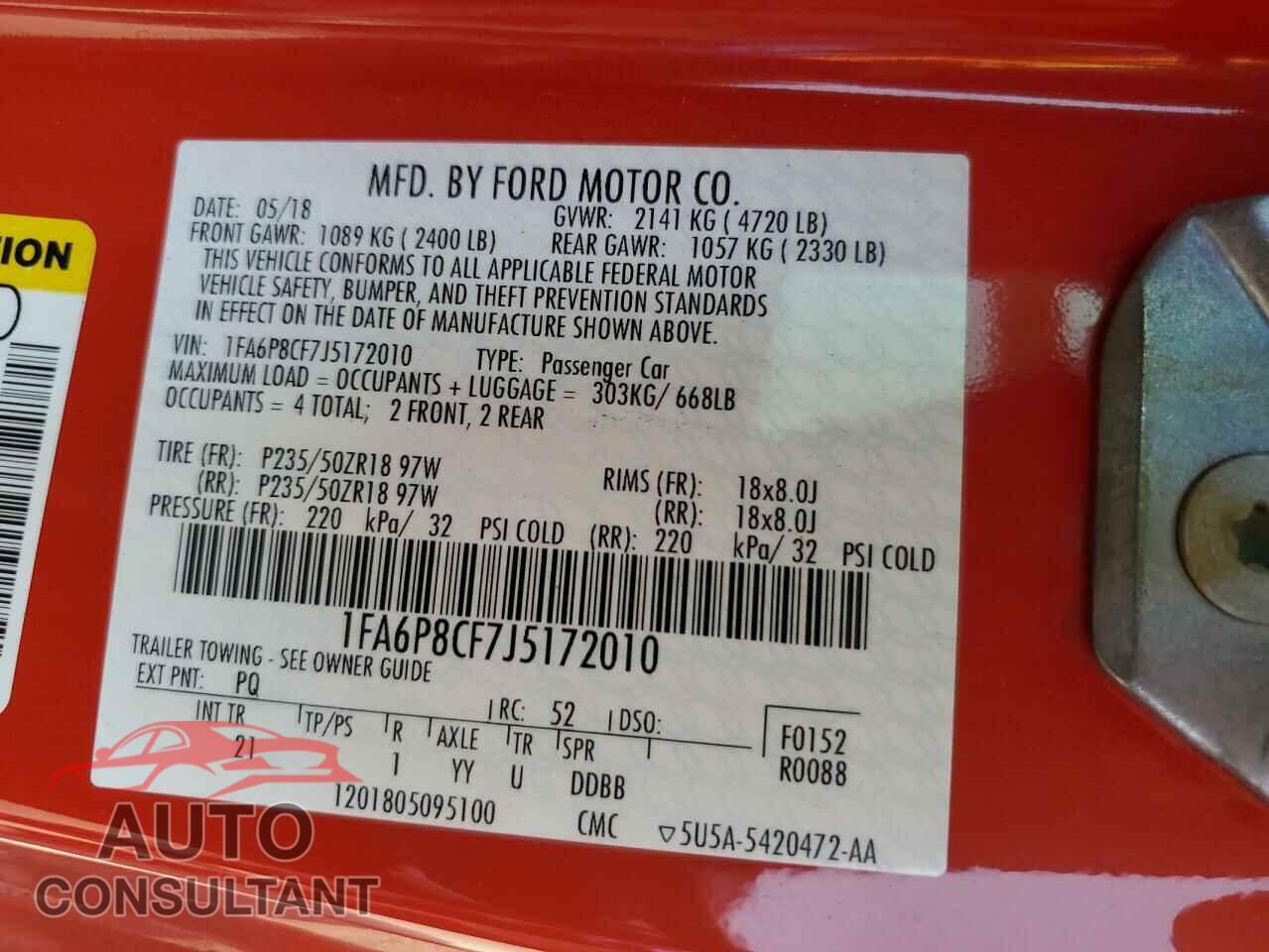 FORD MUSTANG 2018 - 1FA6P8CF7J5172010