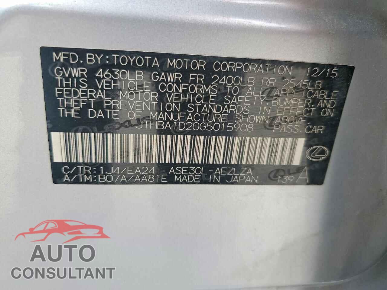 LEXUS IS 2016 - JTHBA1D20G5015908