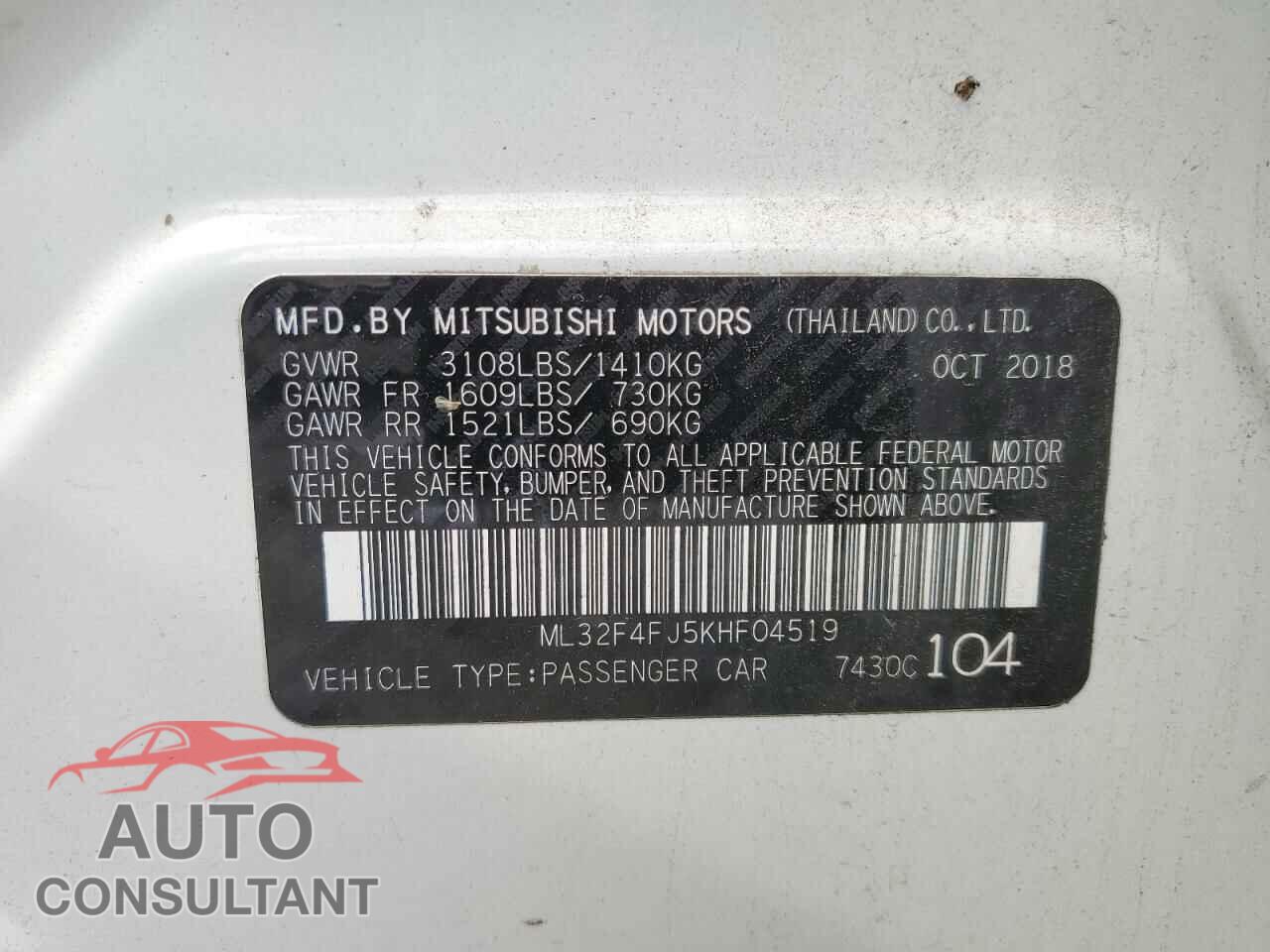MITSUBISHI MIRAGE 2019 - ML32F4FJ5KHF04519