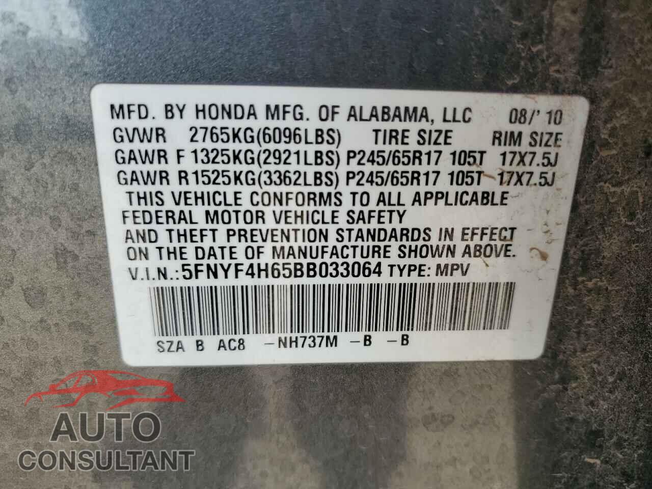 HONDA PILOT 2011 - 5FNYF4H65BB033064