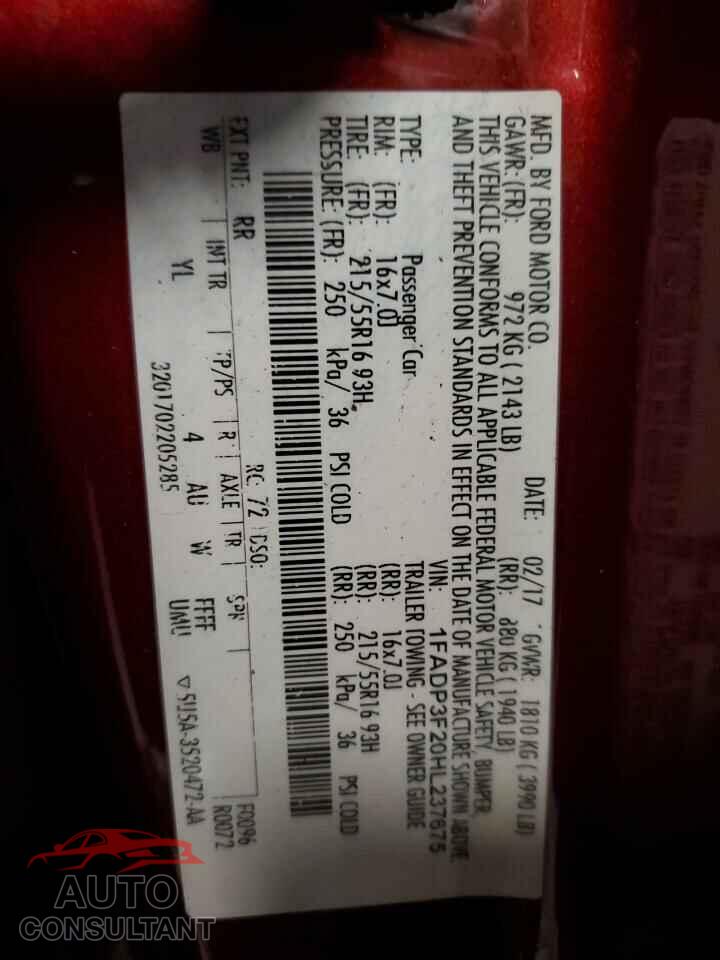 FORD FOCUS 2017 - 1FADP3F25EL101487
