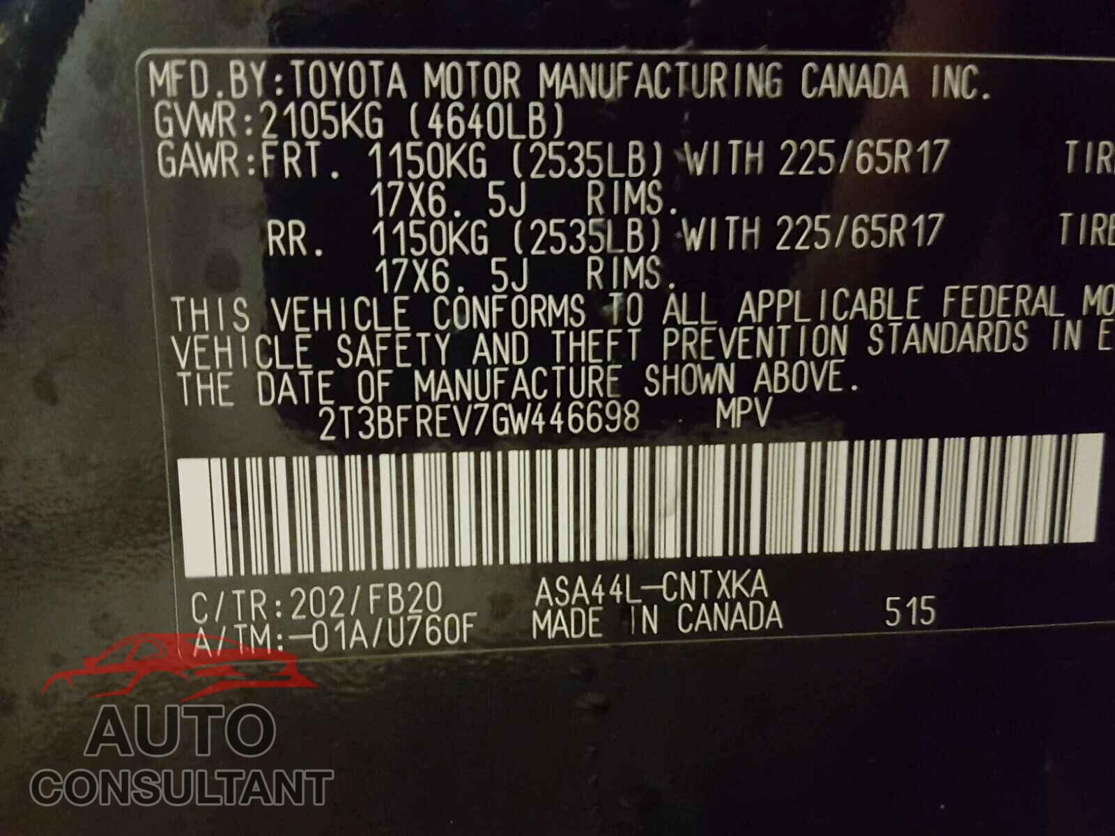 TOYOTA RAV4 2016 - 2T3BFREV7GW446698