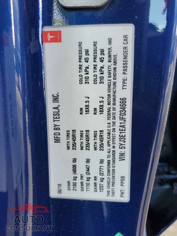 TESLA MODEL 3 2018 - 5YJ3E1EA1JF034666