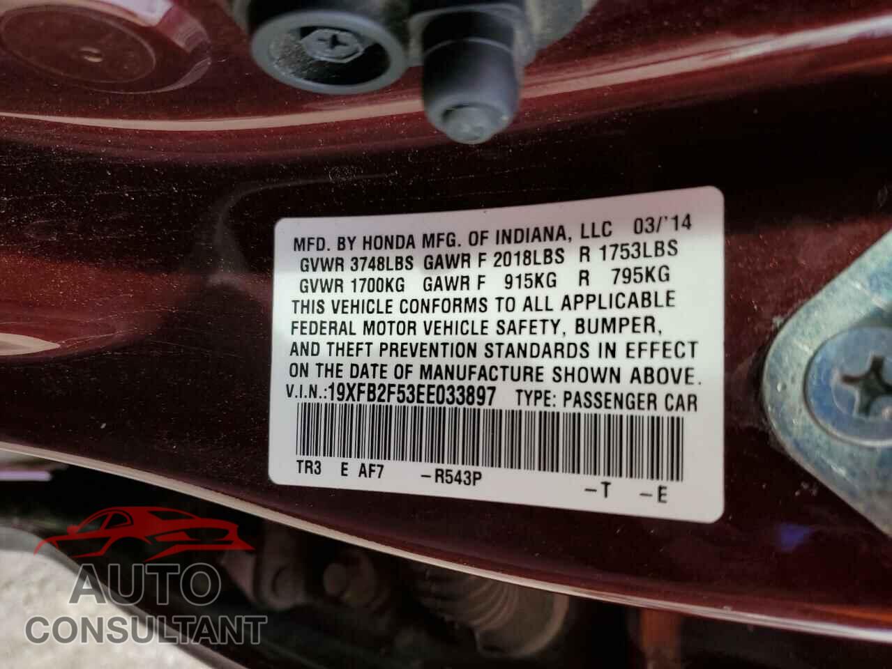 HONDA CIVIC 2014 - 19XFB2F53EE033897