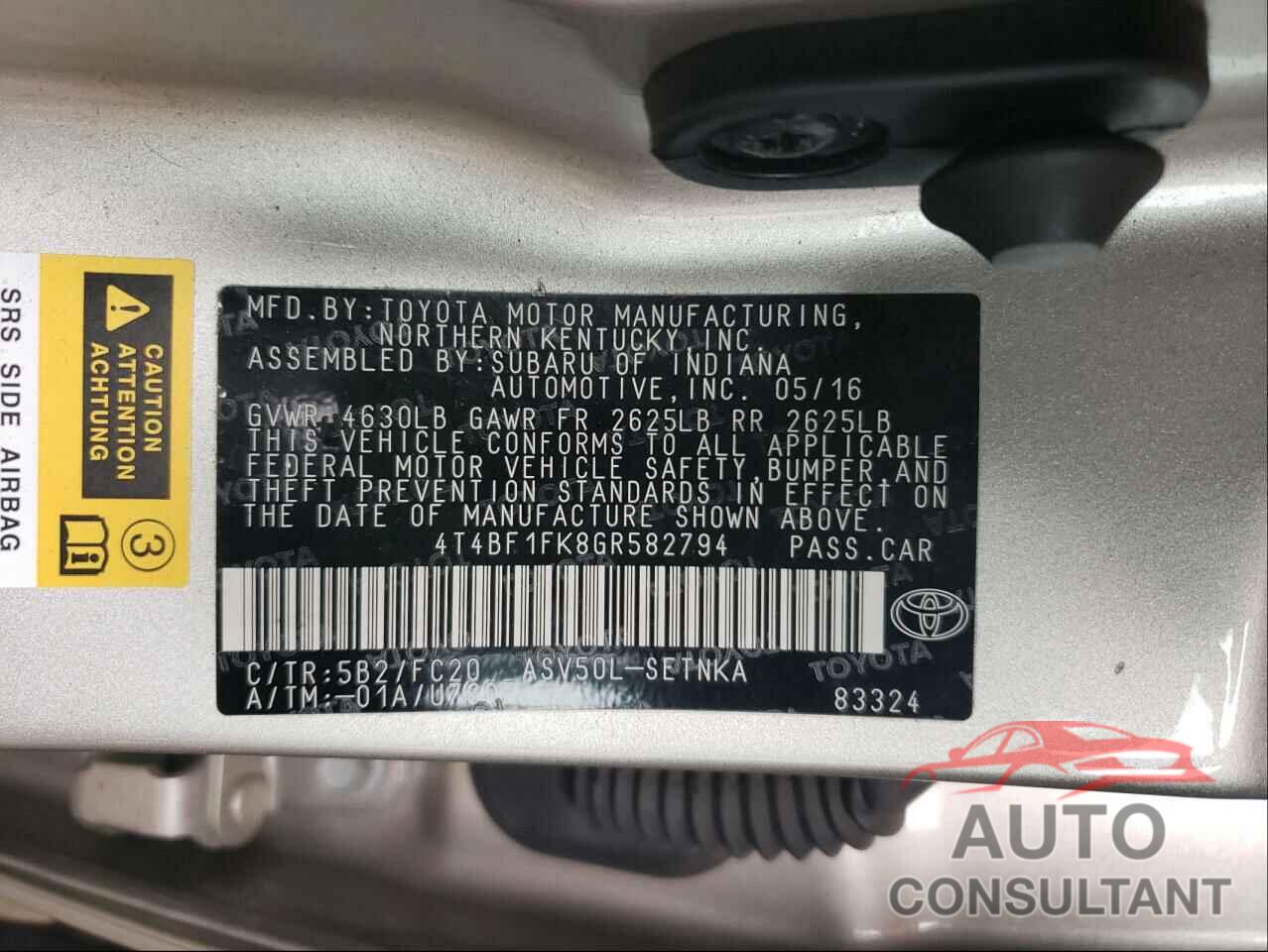 TOYOTA CAMRY 2016 - 4T4BF1FK8GR582794