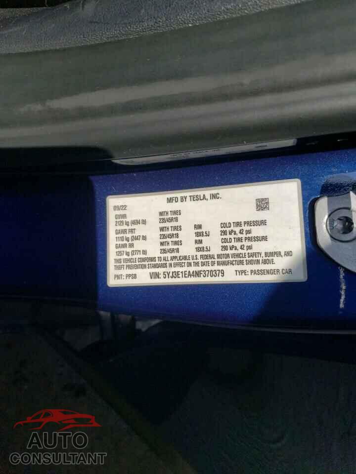 TESLA MODEL 3 2022 - 5YJ3E1EA4NF370379