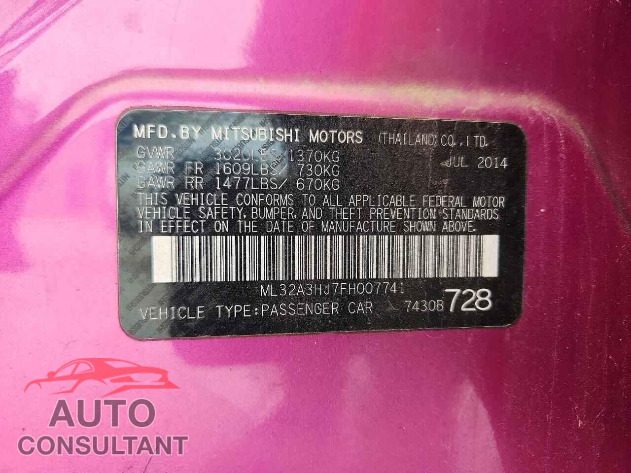 MITSUBISHI MIRAGE 2015 - ML32A3HJ7FH007741