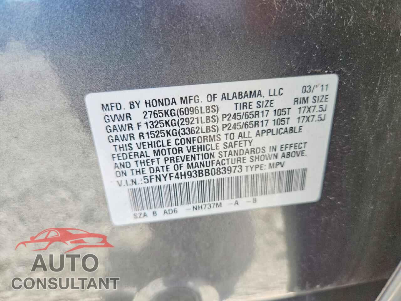 HONDA PILOT 2011 - 5FNYF4H93BB083973