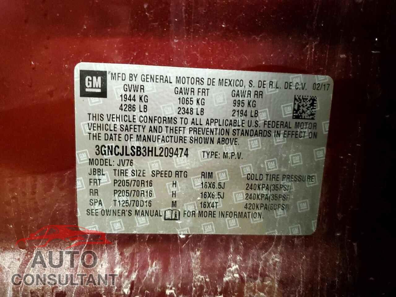 CHEVROLET TRAX 2017 - 3GNCJLSB3HL209474