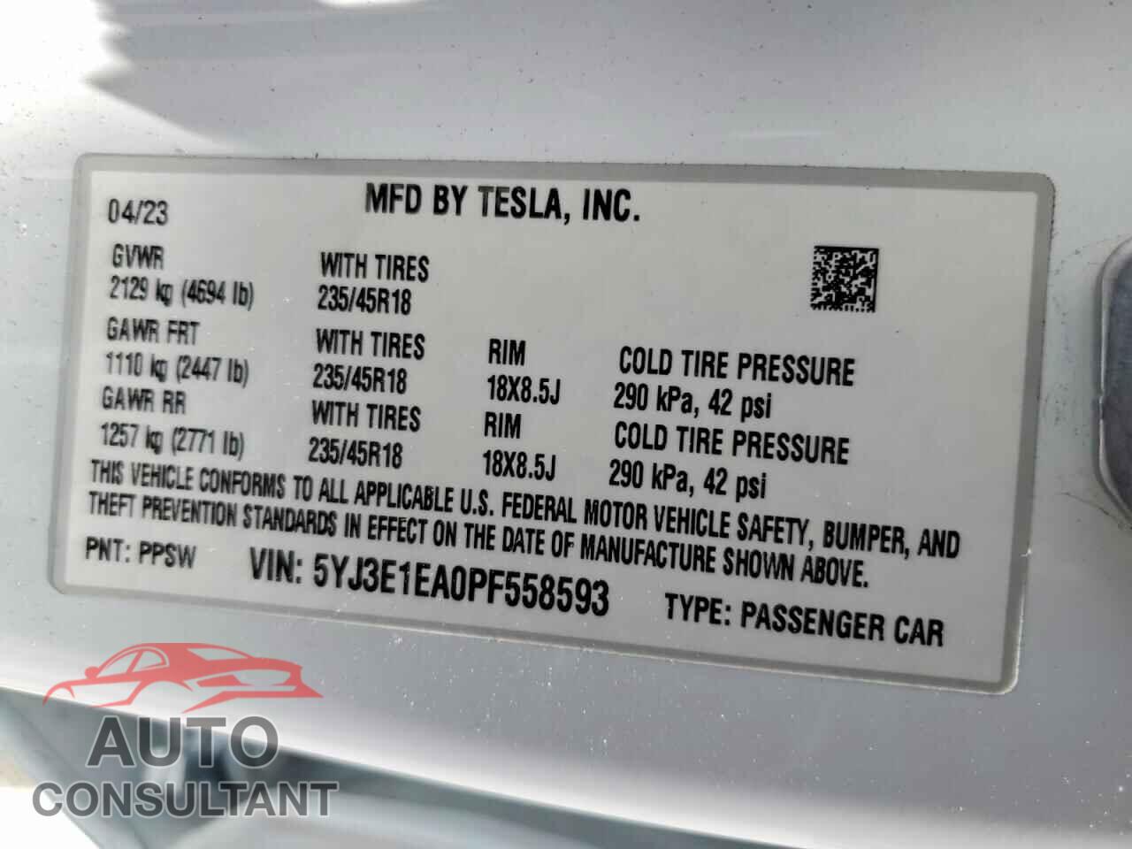 TESLA MODEL 3 2023 - 5YJ3E1EA0PF558593