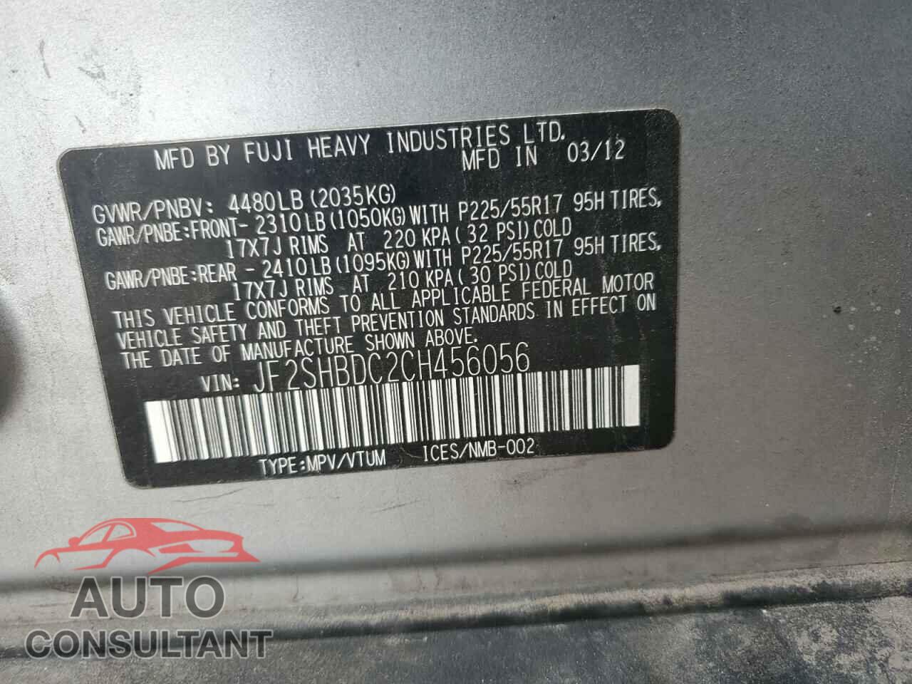 SUBARU FORESTER 2012 - JF2SHBDC2CH456056