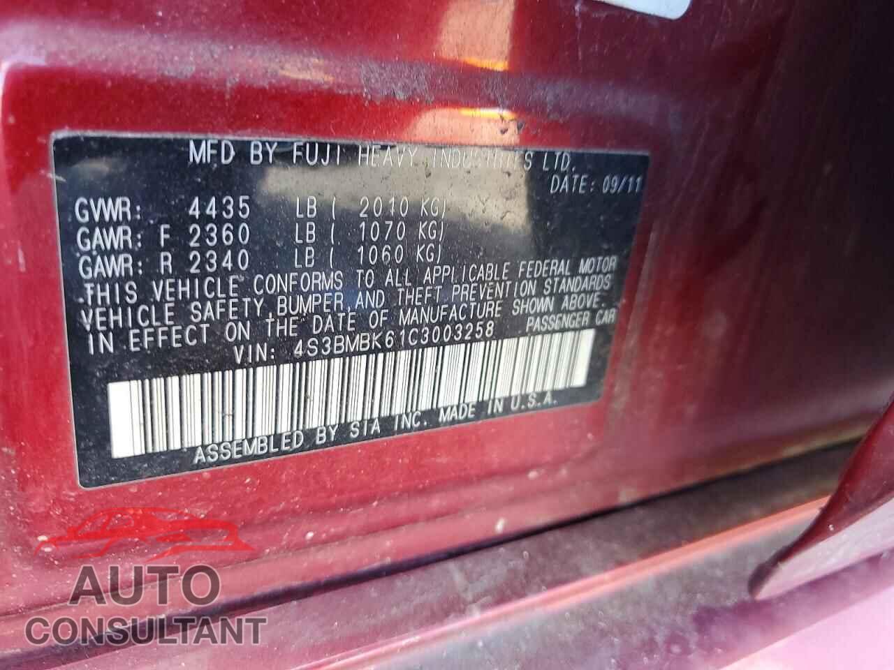 SUBARU LEGACY 2012 - 4S3BMBK61C3003258