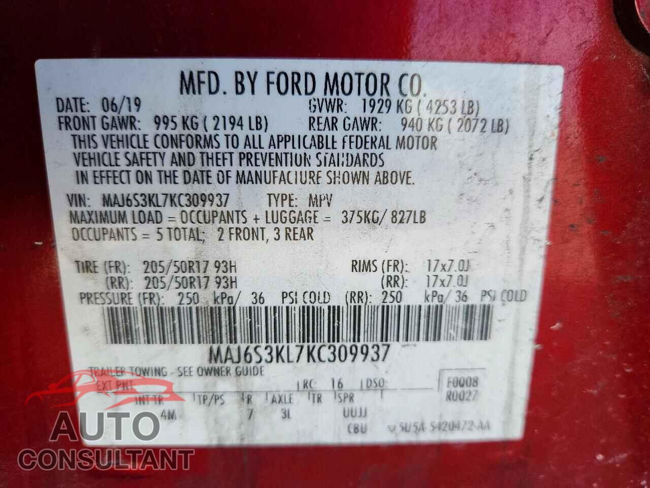 FORD ECOSPORT 2019 - MAJ6S3KL7KC309937