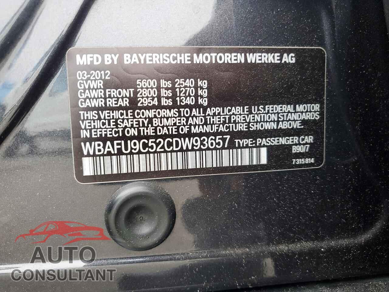BMW 5 SERIES 2012 - WBAFU9C52CDW93657