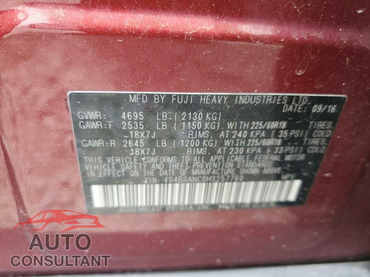 SUBARU OUTBACK 2017 - 4S4BSANC0H3257760