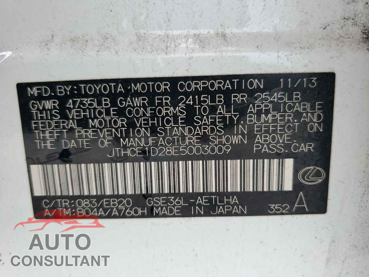 LEXUS IS 2014 - JTHCE1D28E5003009