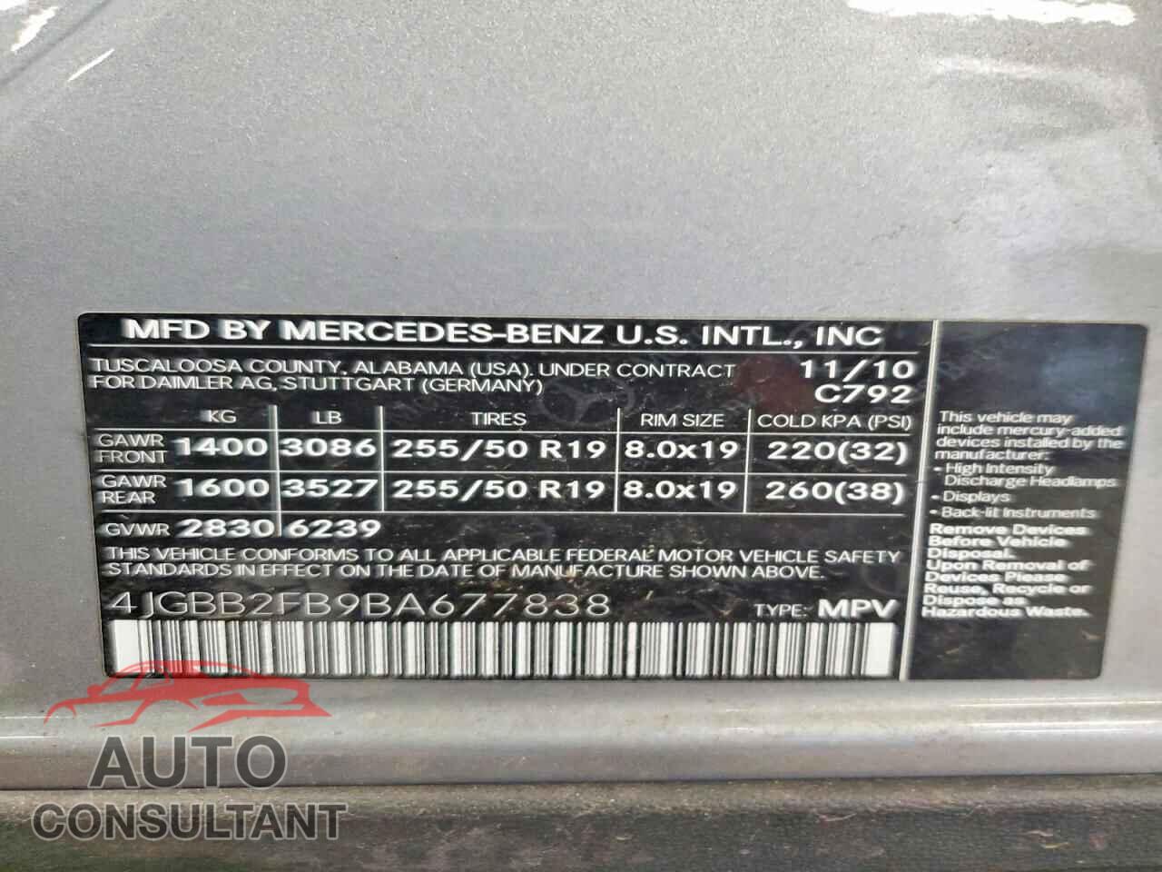 MERCEDES-BENZ M-CLASS 2011 - 4JGBB2FB9BA677838