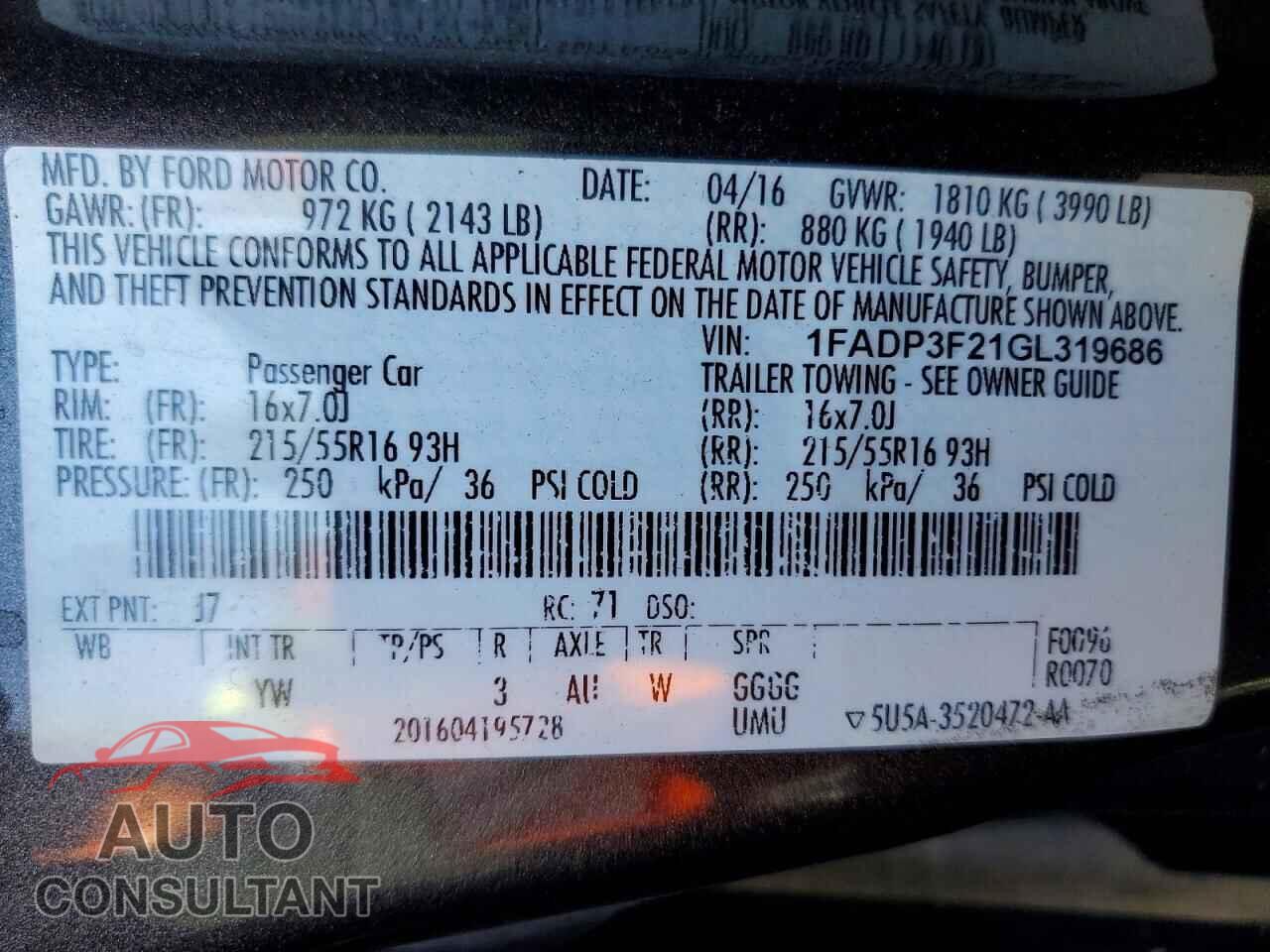 FORD FOCUS 2016 - 1FADP3F21GL319686