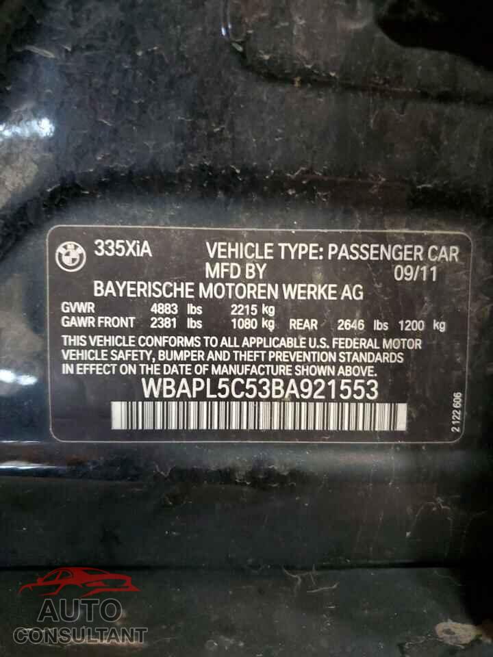 BMW 3 SERIES 2011 - WBAPL5C53BA921553