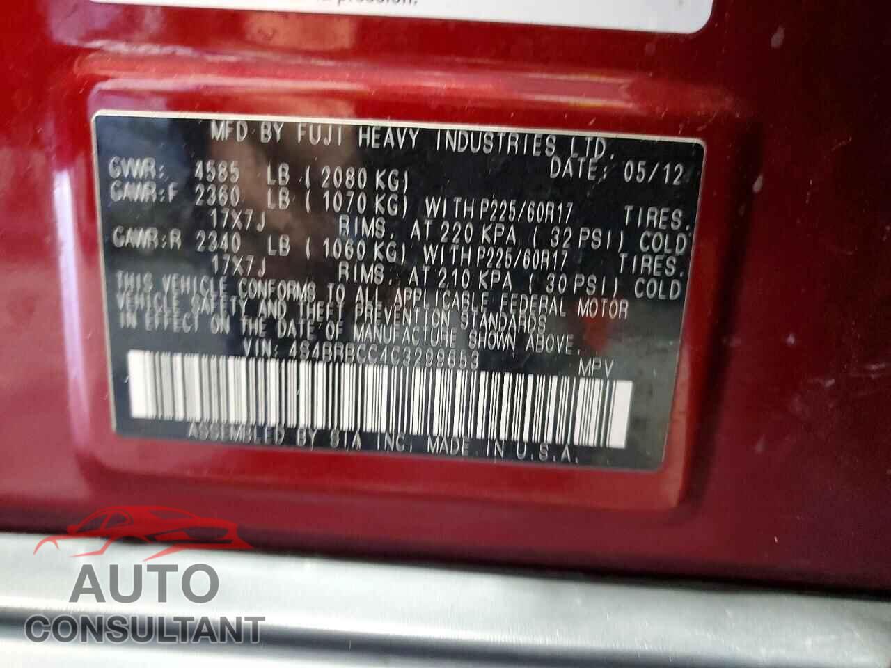 SUBARU OUTBACK 2012 - 4S4BRBCC4C3299653