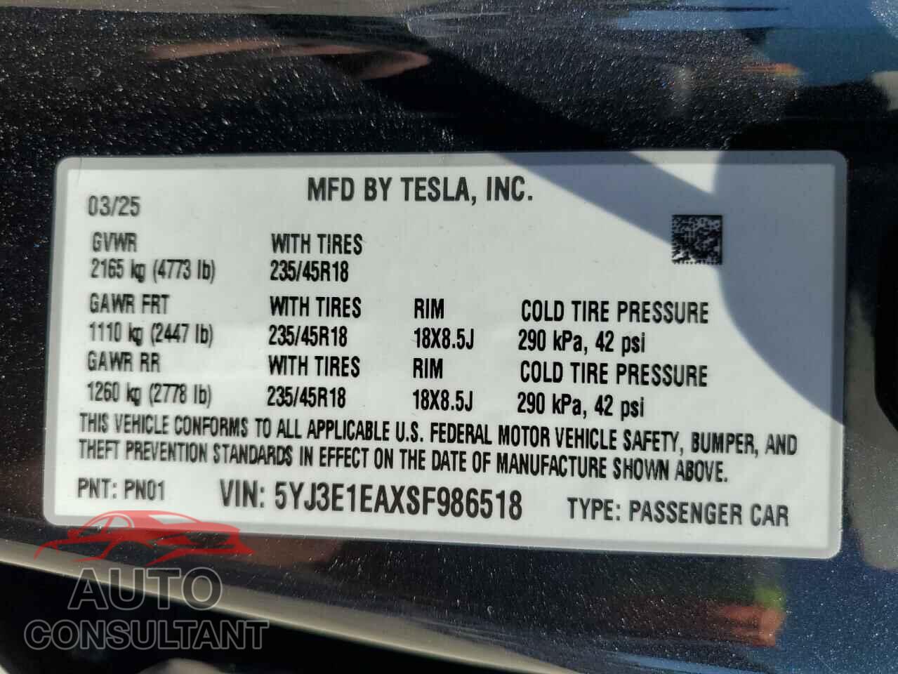 TESLA MODEL 3 2025 - 5YJ3E1EAXSF986518
