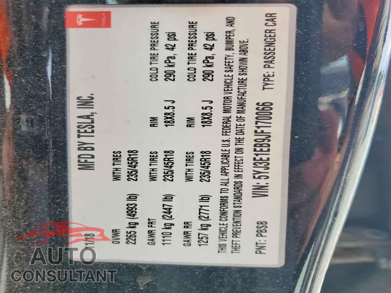 TESLA MODEL 3 2018 - 5YJ3E1EB9JF170066