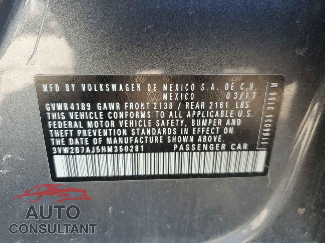 VOLKSWAGEN JETTA 2017 - 3VW2B7AJ5HM350281