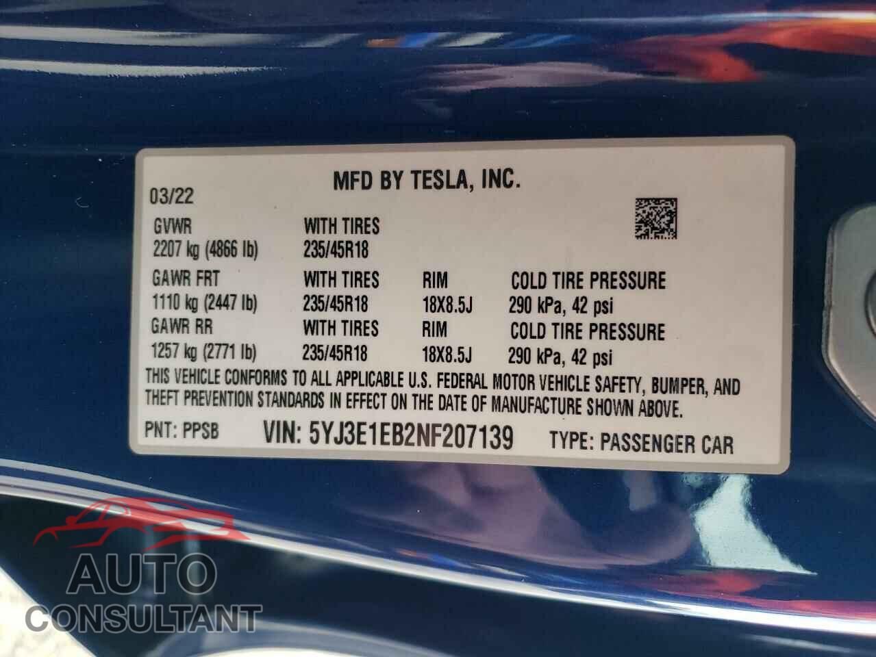 TESLA MODEL 3 2022 - 5YJ3E1EB2NF207139