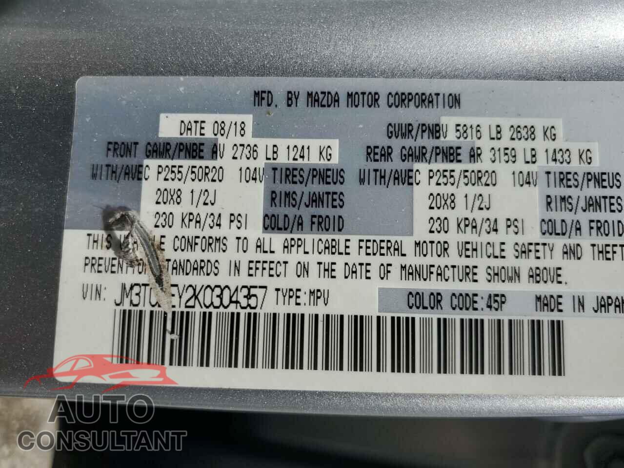 MAZDA CX-9 2019 - JM3TCBEY2K0304357