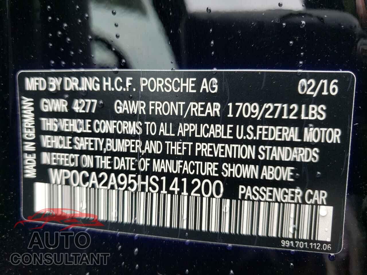 PORSCHE 911 2017 - WP0CA2A95HS141200