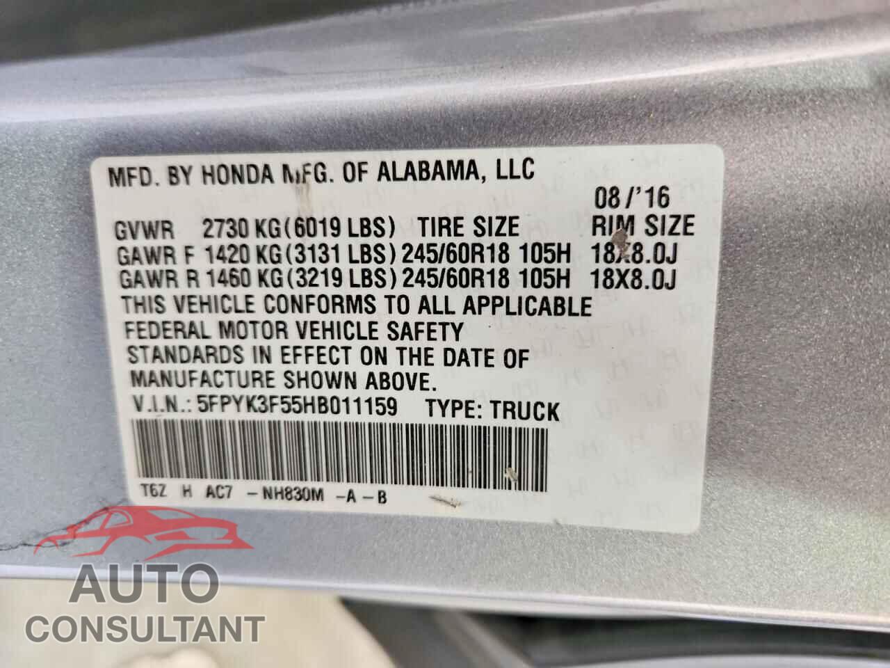 HONDA RIDGELINE 2017 - 5FPYK3F55HB011159