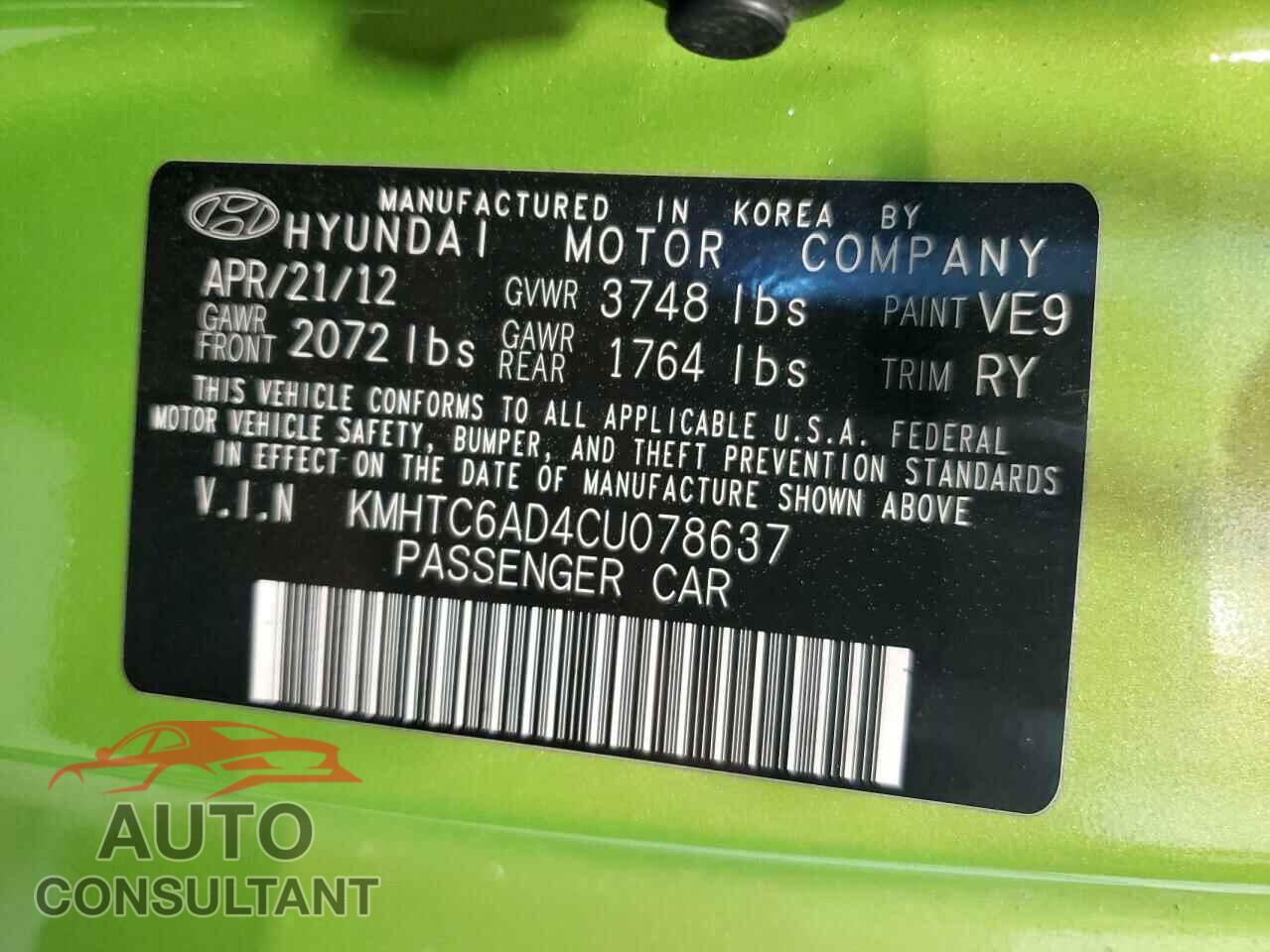 HYUNDAI VELOSTER 2012 - KMHTC6AD4CU078637