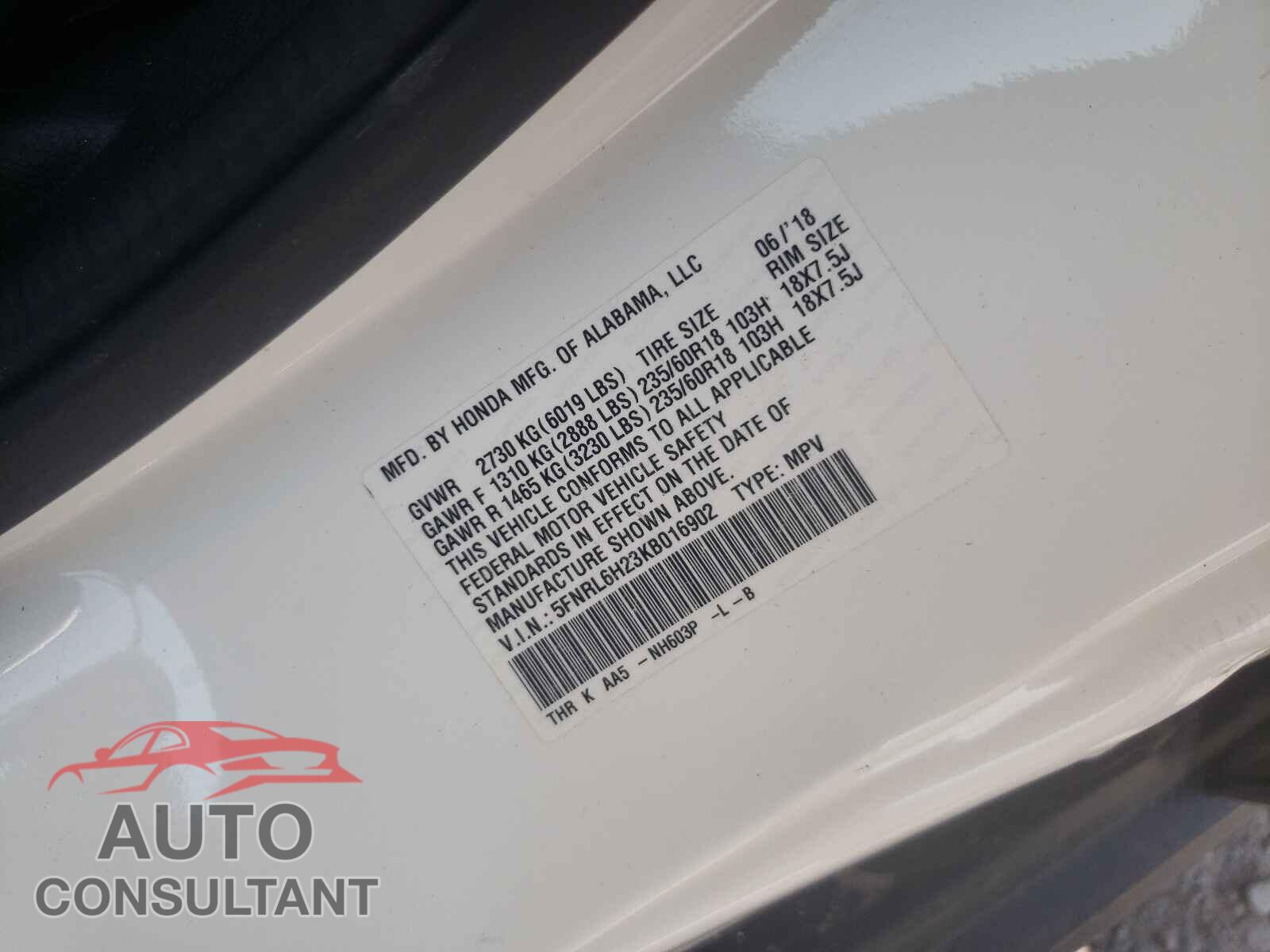 HONDA ODYSSEY 2019 - 5FNRL6H23KB016902