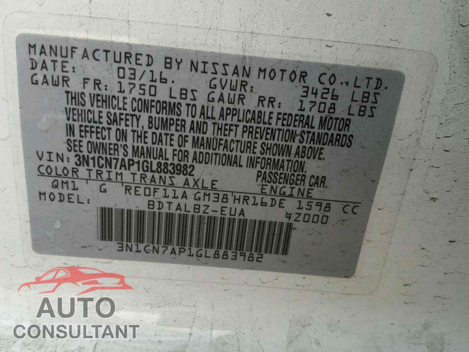 NISSAN VERSA 2016 - 3N1CN7AP1GL883982