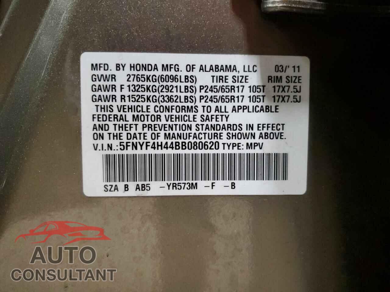 HONDA PILOT 2011 - 5FNYF4H44BB080620