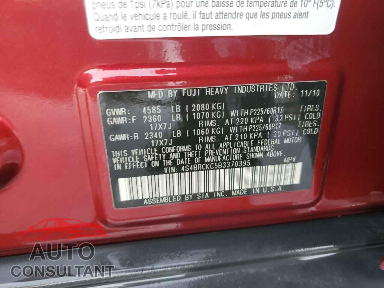 SUBARU OUTBACK 2011 - 4S4BRCKC5B3370395