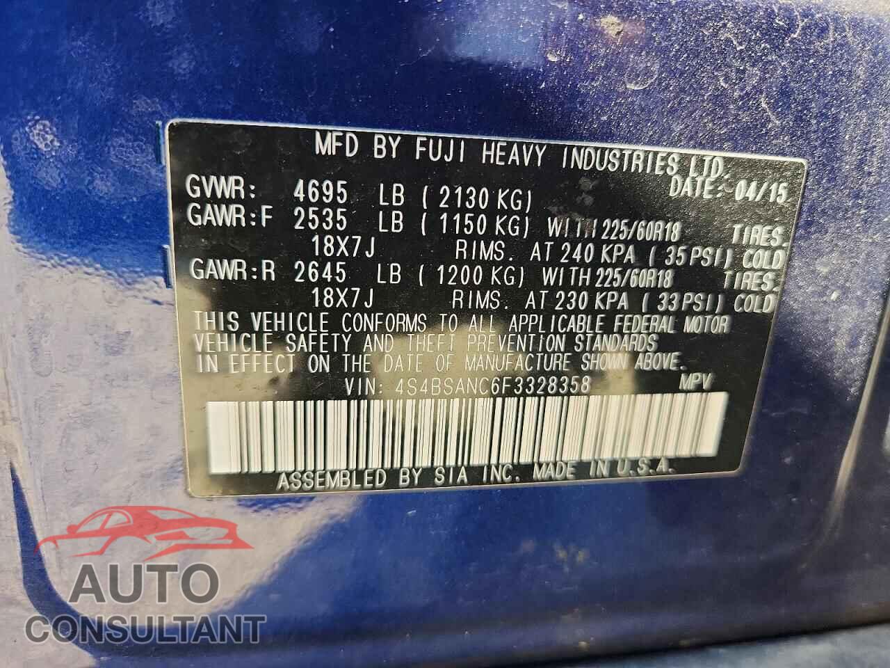 SUBARU OUTBACK 2015 - 4S4BSANC6F3328358
