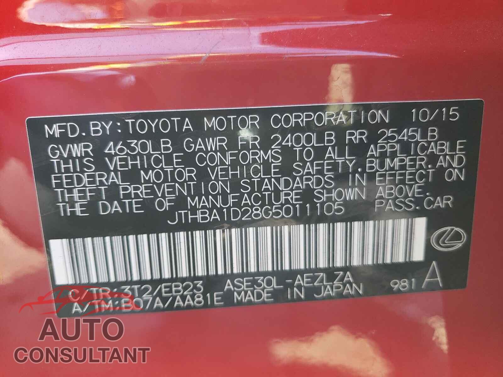 LEXUS IS 2016 - JTHBA1D28G5011105